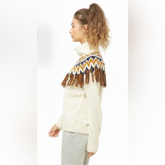Forever 21 Cream Navy Blue Nordic Boho Fair Isle Fringe Sweater Women’s Sz M - Picture 3 of 8